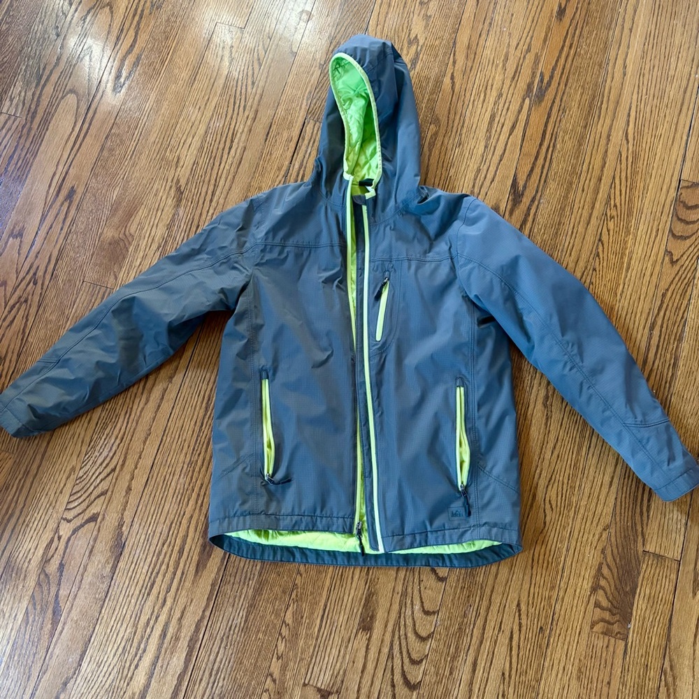 REI Boys Gray and Green Hooded Jacket